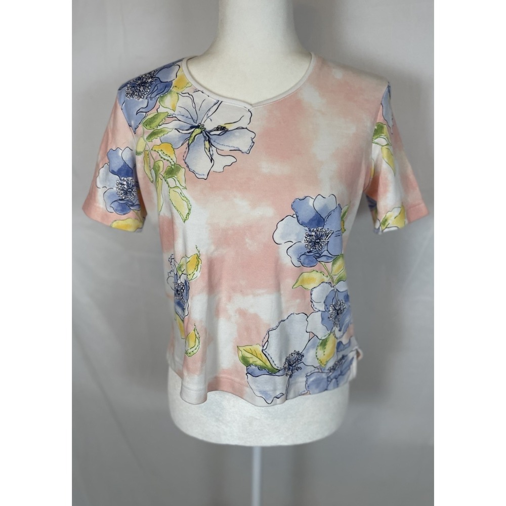 NAPA Valley Floral Beaded T Shirt Women's PP Petite Pink Blue Stretch Top‎